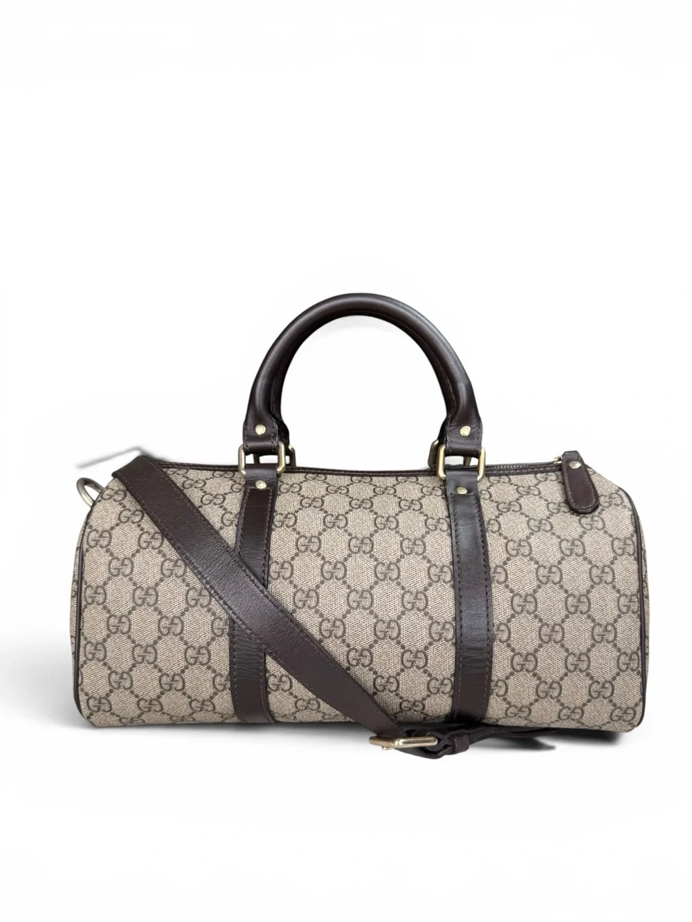 Gucci Brown GG Canvas Duffel with Dark Brown Leather Trim with long strap